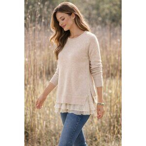 Garnet Hill Ruffle Hem Long Cashmere Sweater Womens XL Beige